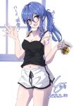  alternate_costume artist_logo bespectacled black_camisole blue_eyes blue_hair breasts camisole cleavage collarbone commentary_request dated dolphin_shorts glasses gotland_(kancolle) highres kantai_collection ld_(luna_dial398) long_hair medium_breasts open_mouth ponytail round_eyewear shorts translation_request waving white_shorts window 