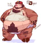 absurd_res anthro beard belly bodily_fluids bracelet brown_body brown_fur brown_hair clothing dirty_clothing domestic_pig facial_hair fangs fur hair hat headgear headwear hi_res jewelry kofu_(character) kofu_grizzly_chubby male mammal nipples overweight pubes red_body red_fur simple_background smile solo suid suina sus_(pig) sweat teeth torn_clothing