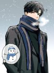  1boy ? black_coat black_hair black_shirt blue_scarf coat dao_(daao_bf) green_eyes hat looking_at_viewer love_and_deepspace male_focus scarf shirt short_hair snowing snowman solo standing upper_body zayne_(love_and_deepspace) 