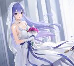  1girl :d azur_lane bare_shoulders blue_eyes blue_hair blush bouquet breasts bridal_veil cowboy_shot dress flower gloves highres holding holding_bouquet long_hair medium_breasts qing_wu rodney_(azur_lane) rodney_(palace_of_blessings)_(azur_lane) smile solo veil wedding_dress white_gloves 