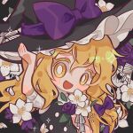  1girl black_headwear blonde_hair bow bright_pupils commission flower hair_bow hand_on_headwear hat hat_bow kirisame_marisa long_hair open_mouth purple_bow purple_flower short_sleeves smile solo sparkle suelement touhou twitter_username upper_body white_flower white_pupils witch_hat yellow_eyes 