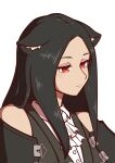  1other ascot bare_shoulders black_hair buttons cat guilty_gear guilty_gear_strive highres long_hair other_focus red_eyes solo straight_hair testament_(guilty_gear) white_ascot 