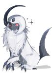  0wzsyvlnp78 absol bright_pupils claws highres horns no_humans pokemon pokemon_(creature) red_eyes single_horn sitting solo white_background white_fur white_pupils 