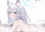 1girl animal_ear_fluff animal_ears bangs blue_archive blue_eyes blush breasts closed_mouth cross_hair_ornament extra_ears from_side goyain grey_hair hair_between_eyes hair_ornament halo highres long_hair looking_at_viewer looking_to_the_side nude partially_submerged shiroko_(blue_archive) solo white_background 