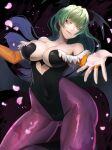  1girl animal_print bare_shoulders bat_print breasts cleavage clothing_cutout demon_girl demon_wings fur-trimmed_leotard fur_trim green_eyes green_hair head_wings heart_cutout highres large_breasts leotard long_hair looking_at_viewer low_wings morrigan_aensland pantyhose print_pantyhose purple_pantyhose smile solo udakyo vampire_(game) wings 