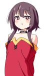  1girl :t arms_behind_back bare_shoulders black_choker blush_stickers bright_pupils brown_hair choker closed_mouth commentary dress flat_chest hair_between_eyes highres kono_subarashii_sekai_ni_shukufuku_wo! long_sleeves looking_at_viewer megumin noyama_takenoko off-shoulder_dress off_shoulder pout red_dress red_eyes short_hair_with_long_locks simple_background solo tsurime upper_body white_background 