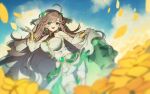  1girl artist_request avarice_(elsword) breasts brown_hair clothes_lift elsword falling_petals feet_out_of_frame flower green_eyes halterneck jewelry large_breasts lithia_beryl_(elsword) long_hair long_sleeves midriff navel open_mouth outdoors petals puffy_long_sleeves puffy_sleeves see-through see-through_skirt see-through_sleeves skirt skirt_lift sky solo wrist_cuffs 