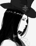  1other ascot black_hair black_headwear guilty_gear guilty_gear_strive hat hat_ornament highres long_hair looking_to_the_side monochrome other_focus portrait skull skull_hat_ornament solo testament_(guilty_gear) top_hat white_ascot 