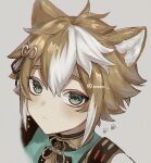  1boy animal_ears armor artist_name bangs black_collar blush brown_hair closed_mouth collar commentary_request cropped_shoulders dog_ears eyeshadow genshin_impact gorou_(genshin_impact) green_eyes grey_background hair_between_eyes hair_ornament highres japanese_clothes looking_at_viewer makeup male_focus multicolored_hair paw_print portrait red_eyeshadow short_hair shoulder_armor sidelocks solo streaked_hair tassel twitter_username upper_body white_hair woooi 