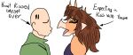 2024 anon_(snoot_game) anthro aquilops bald banco brown_hair clothing digital_drawing_(artwork) digital_media_(artwork) dinosaur duo english_text eyelashes eyes_closed female goodbye_volcano_high hair hi_res horn human jacket light-skinned_male light_body light_skin long_hair male mammal multicolored_body multicolored_scales orange_body orange_scales puckered_lips reptile rosa_(gvh) scales scalie simple_background snoot_game snout spikes spikes_(anatomy) tan_body tan_scales text tongue topwear two_tone_body two_tone_scales white_background