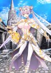  armor armored_dress blue_eyes blue_sky breasts britomart_(fate) castle fate/grand_order fate_(series) highres holding holding_polearm holding_weapon inverted_nipples large_breasts looking_at_viewer non-web_source pointy_ears polearm sky smile weapon white_hair 