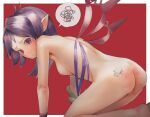  1girl :t all_fours ass bandaid bandaid_on_ass blush border breasts houjuu_nue looking_at_viewer mismatched_wings nipples nude outside_border pointy_ears pout pubic_hair purple_hair pussy red_background red_eyes simple_background small_breasts solo spanked touhou white_border yawdeone 