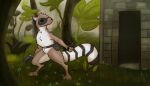 ambiguous_gender anthro barefoot belt brick brick_(artist) digital_media_(artwork) feet fur hi_res nude pouch_(clothing) pyrocyonidae solo tail the_nature_of_predators tuft wall_(structure)