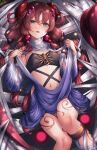  1girl blush braid breasts duel_monster hair_ornament highres long_hair looking_at_viewer medium_breasts midriff open_mouth purple_eyes red_hair silk snm_(sunimi) solo spider_web tattoo traptrix_atypus very_long_hair yu-gi-oh! 