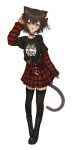  1girl absurdres animal_ears black_nails black_shirt black_thighhighs brown_eyes brown_fur brown_hair cat_ears cat_girl cat_tail full_body highres kgt_(pixiv12957613) long_hair long_sleeves looking_at_viewer open_mouth original red_skirt shirt simple_background skirt sleeves_past_wrists solo standing tail thighhighs white_background 