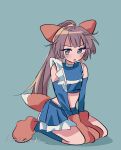  alternate_costume animal_ears animal_hands artist_name blue_background blue_eyes blue_shirt blue_skirt brown_hair cheerleader detached_sleeves fox_ears fox_tail full_body gloves highres hokkaido_nippon-ham_fighters kantai_collection kazagumo_(kancolle) long_hair midriff nippon_professional_baseball paw_gloves paw_shoes pleated_skirt samekun_(samekun_s) shirt simple_background sitting skirt sleeveless sleeveless_shirt tail wariza 