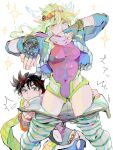  2girls armored_gloves bad_drawr_id bad_id battle_tendency beads black_hair blonde_hair blue_eyes blue_gloves blue_jacket breasts caesar_anthonio_zeppeli clothing_cutout covered_navel covering_own_mouth fingerless_gloves genderswap genderswap_(mtf) gloves green_eyes green_pants hairband hands_up heart_stickers jacket jojo_no_kimyou_na_bouken joseph_joestar joseph_joestar_(young) leotard long_hair long_sleeves looking_at_viewer looking_to_the_side mcr multiple_girls navel_cutout oekaki pants partially_undressed purple_leotard scarf short_hair small_breasts sparkle standing star_(symbol) striped_clothes striped_pants thighs undressing white_background white_wings winged_hat wings yellow_scarf yuri zipper zipper_pull_tab 