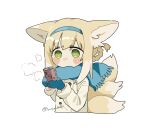  1girl animal_ear_fluff animal_ears arknights artist_name blonde_hair blue_mittens blush_stickers braid braided_hair_rings coat colored_tips commentary_request cropped_torso fox_ears fox_girl fox_tail fur_sleeves green_eyes highres holding kitsune kyuubi long_sleeves mittens multicolored_hair multiple_tails no_mouth no_sclera short_hair signature simple_background solo sutoa suzuran_(arknights) tail twin_braids twitter_username white_background white_coat white_hair winter_clothes 