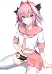  1boy astolfo_(fate) astolfo_(sailor_paladin)_(fate) crop_top crossdressing fate/grand_order fate_(series) food from_above hair_intakes highres kitajima_yuuki kneeling looking_at_viewer makizushi male_focus navel otoko_no_ko pink_hair pink_sailor_collar pink_skirt pleated_skirt purple_eyes sailor_collar sexually_suggestive skindentation skirt solo spread_legs sushi thighhighs thighs tongue tongue_out white_background white_thighhighs zettai_ryouiki 