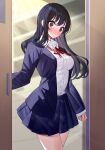  1girl @_@ black_hair blue_jacket blue_skirt blurry blurry_background blush boku_no_kokoro_no_yabai_yatsu breasts brown_eyes closed_mouth collared_shirt commentary_request depth_of_field dress_shirt highres indoors jacket long_hair long_sleeves looking_at_viewer medium_breasts neck_ribbon open_clothes open_door open_jacket pleated_skirt red_ribbon ribbon ririko_(zhuoyandesailaer) school_uniform shirt skirt sliding_doors solo standing sweat very_long_hair white_shirt yamada_anna 