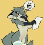 anthro big_breasts black_ears breasts bushberry_(tobydoge) canid canine clothing ears_down female fox fur grey_body grey_fur grey_hair hair hi_res holding_object holding_paper legwear mammal meme navel nipples paper pivoted_ears simple_background solo tail tobydoge white_body white_fur wide_hips yellow_background