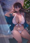  1girl ahoge bare_shoulders bikini blue_eyes breasts brown_hair cleavage closed_mouth collarbone curtains feet_out_of_frame floating_hair front-tie_bikini_top front-tie_top gradient_sky hand_in_own_hair highres huge_breasts long_hair looking_away looking_up navel ocean off_shoulder open_clothes original ribbon shino_yoshihisa side-tie_bikini_bottom signature sitting sky smile solo stomach swimsuit thighs twitter_username very_long_hair water white_bikini white_ribbon wind 