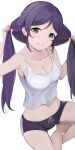  1girl black_shorts breasts cleavage commentary_request green_eyes grin highres hiroki_(yyqw7151) long_hair looking_at_viewer love_live! love_live!_school_idol_project medium_breasts purple_hair shorts simple_background smile solo tank_top toujou_nozomi white_background 