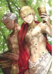  2boys absurdres archer_(fate) blonde_hair cup fate/extella fate/extra fate/extra_ccc fate_(series) gilgamesh_(fate) highres multiple_boys non-web_source official_art wada_arco white_hair 