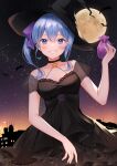  1girl alternate_costume bare_shoulders black_choker black_dress black_headwear blue_eyes blue_hair blush breasts choker commentary_request dress full_moon grin halloween hand_up haruhitooo hat highres holding hololive hoshimachi_suisei long_hair looking_at_viewer medium_breasts moon night night_sky side_ponytail sky smile star_(sky) star_(symbol) star_in_eye starry_sky symbol_in_eye virtual_youtuber witch witch_hat 