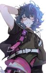  1boy aoba_tsumugi black_gloves black_jacket black_pants blue_hair ensemble_stars! glasses gloves grey_background hand_in_own_hair highres jacket jewelry lightning_bolt_symbol looking_at_viewer male_focus multicolored_hair necklace pants pink_shirt shirt short_hair simple_background smile solo teeth tsmkwa wavy_hair 