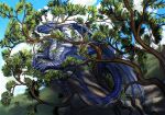 blue_body claws digital_media_(artwork) digital_painting_(artwork) dragon feral hi_res horn lying on_front orange_eyes plant ponynok rock roots scales scalie scenery shaded sky solo spikes spikes_(anatomy) tendrils tree western_dragon wings