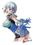  1girl blue_eyes blush braid breasts cleavage gloves grey_hair hair_ornament hairclip highres huge_breasts large_breasts looking_at_viewer open_mouth seolla_schweizer short_hair side_braid solo super_robot_wars super_robot_wars_dd super_robot_wars_original_generation the_2nd_super_robot_wars_alpha yoo_tenchi 