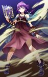  1girl absurdres aerokinesis bare_shoulders blue_cape book boots bracer breasts cape closed_mouth fire_emblem fire_emblem:_the_sacred_stones full_body highres holding holding_book looking_at_viewer low_twintails lute_(fire_emblem) magic open_book purple_eyes purple_hair sirano small_breasts solo standing twintails wind 