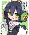  1girl :d absurdres black_hair black_jacket blush breasts chibi clipboard collarbone collared_shirt commentary_request dress_shirt green_background green_eyes hair_between_eyes headphones highres holding jacket kyoumachi_seika lanyard large_breasts long_sleeves milkpanda notice_lines off_shoulder polka_dot polka_dot_background shirt short_eyebrows sleeves_past_fingers sleeves_past_wrists smile solo suit thick_eyebrows translation_request two-tone_background voiceroid white_background white_shirt 