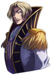  1boy arm_at_side artist_request ascot blonde_hair blue_eyes closed_mouth code_geass code_geass:_lost_stories cropped_torso epaulettes gem green_gemstone hair_intakes high_collar jacket looking_at_viewer male_focus non-web_source official_art purple_vest schneizel_el_britannia short_hair sidelocks simple_background solo standing transparent_background upper_body v-shaped_eyebrows vest white_ascot white_jacket 