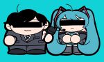 2girls :| ahoge arufa_faru bar_censor black_footwear black_hair black_necktie black_pants black_skirt black_suit blue_background blue_hair blue_necktie boots censored chibi closed_mouth detached_sleeves facing_viewer frown hair_ornament hatsune_miku headset highres holding holding_microphone identity_censor long_hair long_sleeves microphone multiple_girls n-chai necktie own_hands_together pants pleated_skirt short_hair simple_background skirt suit thigh_boots tokumei_m_(vocaloid) tokumei_radio twintails very_long_hair vocaloid wavy_mouth 