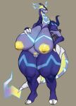  2022 absurd_res age_difference anthro areola artist_logo big_breasts big_nipples biped blue_eyes breasts claws curvy_figure digital_media_(artwork) dragon female generation_9_pokemon genitals hand_on_breast hand_on_hip hi_res legendary_pokemon logo looking_at_viewer miraidon nebunoah nintendo nipples nude older_female pokemon pokemon_(species) pussy scalie simple_background slightly_chubby solo thick_thighs tired tired_eyes toe_claws video_games voluptuous wide_hips wrinkles yellow_nipples 