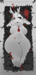 anthro big_breasts blood bodily_fluids breasts deer ears_down featureless_breasts featureless_crotch female hi_res horn lying mammal monochrome navel neck_tuft nude pivoted_ears red_eyes slightly_chubby solo spot_color thick_thighs thorns tobydoge tuft wide_hips