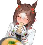  1girl ai-generated_art_(topic) ai_drawing_anime_characters_eating_ramen_(meme) animal_ears blush brown_hair closed_eyes clover_hair_ornament eating fine_motion_(umamusume) food hair_between_eyes hair_bun hair_ornament horse_ears horse_girl horse_tail long_hair long_sleeves meme motsunabe_(mo2nap3) multicolored_hair noodles ramen shirt solo tail two-tone_hair umamusume 