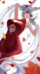  1girl :d animal_ears armpits arms_up autumn_leaves bare_shoulders blush braid breasts china_dress chinese_clothes cleavage cleavage_cutout clothing_cutout covered_navel dress dutch_angle falling_leaves flower_knot grey_hair hair_ribbon hair_rings hands_in_hair highres leaf long_hair original parted_lips pelvic_curtain rabbit_ears red_dress red_eyes red_ribbon ribbon sleeveless sleeveless_dress smile solo twintails underboob underboob_cutout very_long_hair yorugami_rei 