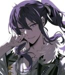  1boy chain_necklace eichi_turnr ensemble_stars! fur-trimmed_jacket fur_trim green_jacket grey_background grey_shirt highres jacket jewelry kanzaki_souma long_hair looking_at_viewer male_focus necklace ponytail purple_eyes purple_hair shirt short_sleeves simple_background smirk solo teeth 