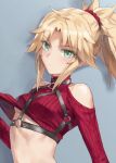  1girl :&lt; arched_back bare_shoulders blonde_hair blush braid breasts fate/apocrypha fate/grand_order fate_(series) french_braid green_eyes halterneck harness highres long_hair looking_at_viewer mordred_(fate) mordred_(fate/apocrypha) ponytail sidelocks simple_background solo tonee tsurime turtleneck underboob undressing 