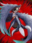  1girl bird_legs black_feathers black_hair black_wings bumpy_nanju chest_sarashi claws clenched_teeth commentary_request feathered_wings feathers harpy highres looking_at_viewer monster_girl original red_background red_eyes sarashi short_hair solo talons tearing_up teeth winged_arms wings 