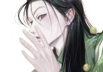  1boy black_hair eyelashes fingernails from_side grey_eyes hair_behind_ear hair_between_eyes hair_over_shoulder hand_up hashtag_only_commentary highres hunter_x_hunter illumi_zoldyck long_hair looking_at_viewer male_focus nwocp parted_lips ringed_eyes short_hair sideways_glance simple_background solo white_background 