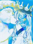  1girl blue_background blue_hair bust_(sculpture) closed_eyes commentary crown english_commentary john_kafka kissing_object long_hair mole mole_on_neck original profile solo twintails upper_body 