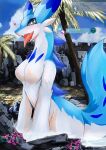 &lt;3 anthro areola blue_body blue_eyes blush breasts chillet dragon dragoon86 female fur hi_res nipples nude open_mouth pal_(species) palworld smile solo tail tongue white_body