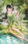  1girl absurdres baiguio_(zhu_xian) bare_shoulders black_hair closed_mouth dress earrings facial_mark flower flower_earrings forehead_mark grass green_dress hair_flower hair_ornament highres holding_calligraphy_brush jewelry kunkun_san_ren long_hair necklace paper second-party_source solo tree twintails water zhu_xian 