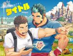  2boys :d ad backpack bag bara castle copyright_request facial_hair green_hair highres large_pectorals light_blush looking_at_another mature_male multicolored_hair multiple_boys muscular muscular_male pectorals pointing pointing_forward ruizu_(takakisan503) second-party_source shirt short_hair sideburns_stubble smile sparse_arm_hair spiked_hair spoken_character standing streaked_hair stubble suamaru t-shirt thick_eyebrows translation_request upper_body yaoi 