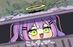  1girl :3 chibi fang grate green_eyes hair_ornament hairclip halo hololive it_(stephen_king) long_hair open_mouth parody pointy_ears purple_hair sewer sewer_grate smile solo storm_drain tokoyami_towa twintails virtual_youtuber yasashi_v 