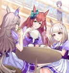  4girls absurdres ahoge animal_ears blurry blurry_background blush breasts brown_hair closed_eyes commentary_request cup hair_between_eyes hair_ornament happy_meek_(umamusume) highres horse_ears horse_girl horse_tail kiryuuin_aoi long_hair medium_breasts medium_hair mejiro_bright_(umamusume) multiple_girls open_mouth school_uniform sitting table tail tea teacup torinosukei tracen_school_uniform umamusume wonder_acute_(umamusume) 